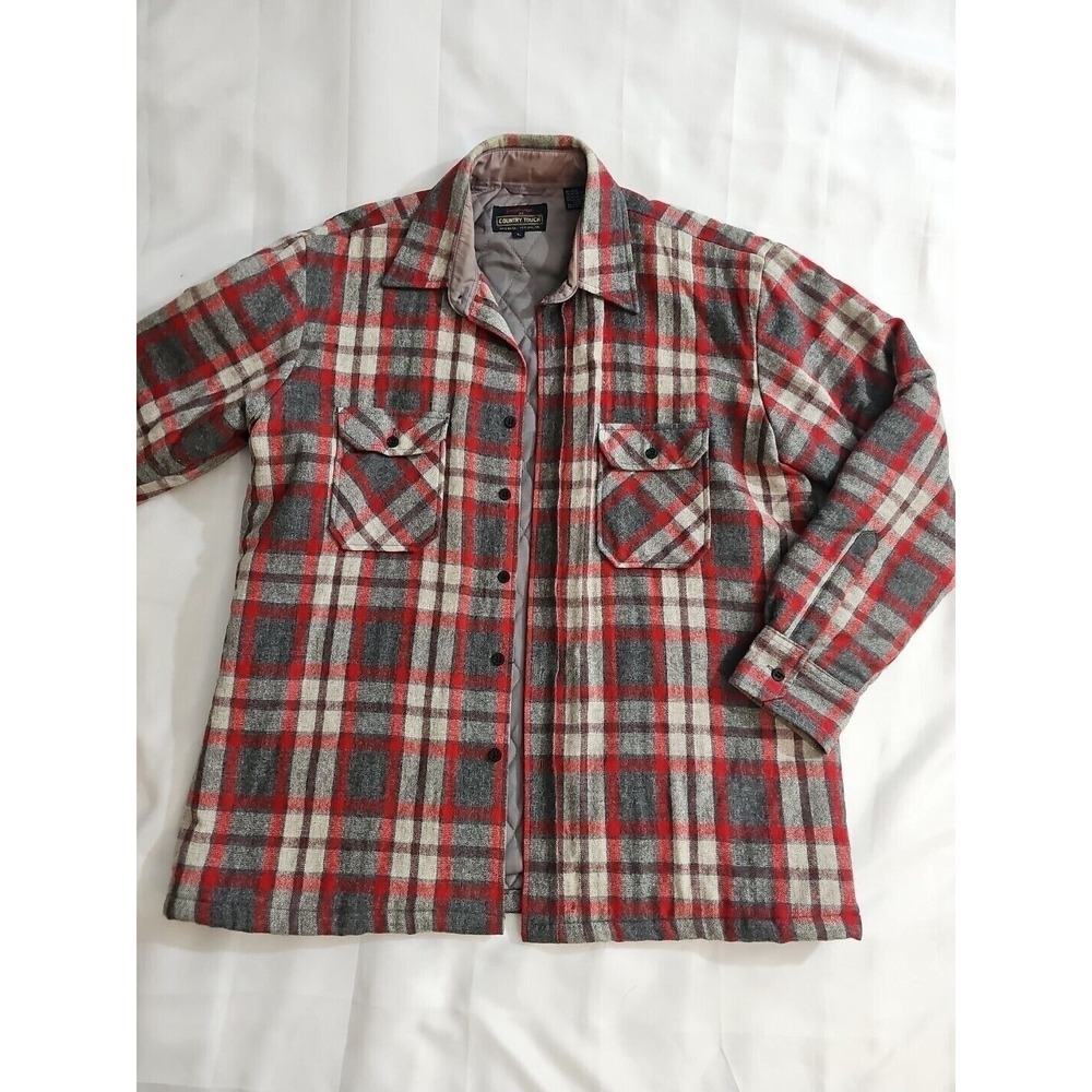 VTG Country Touch Red & Gray Plaid Quilted Shirt Jacket  85%‎ Wool Men's L
